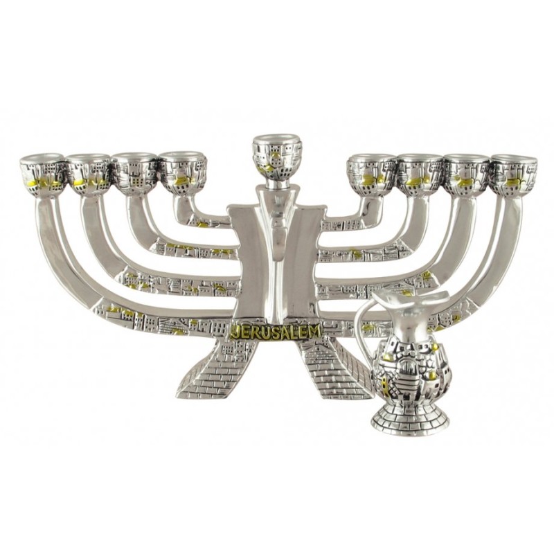 חנוכיית חנוכה בציפוי כסף מפולירזין עם גו... | חנוכיית חנוכה